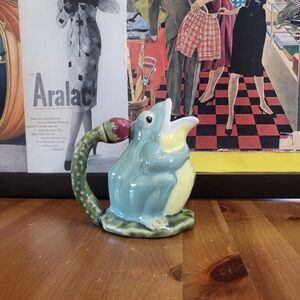 Ceramic Light Green Frog With Yellow Belly, Strawberry Handle Decorative Creamer